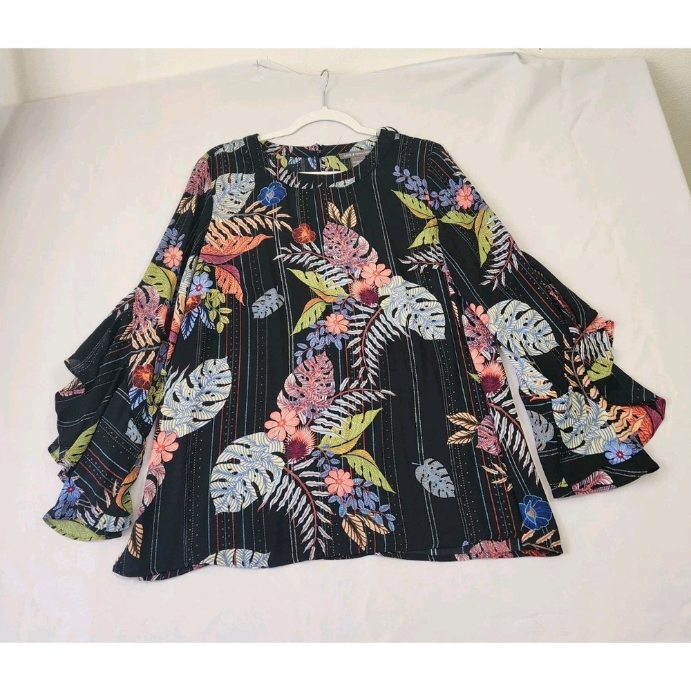 Kate & Mallory Womens L Floral Tropical Bell Sleeve‎ Blouse Black Boho Top